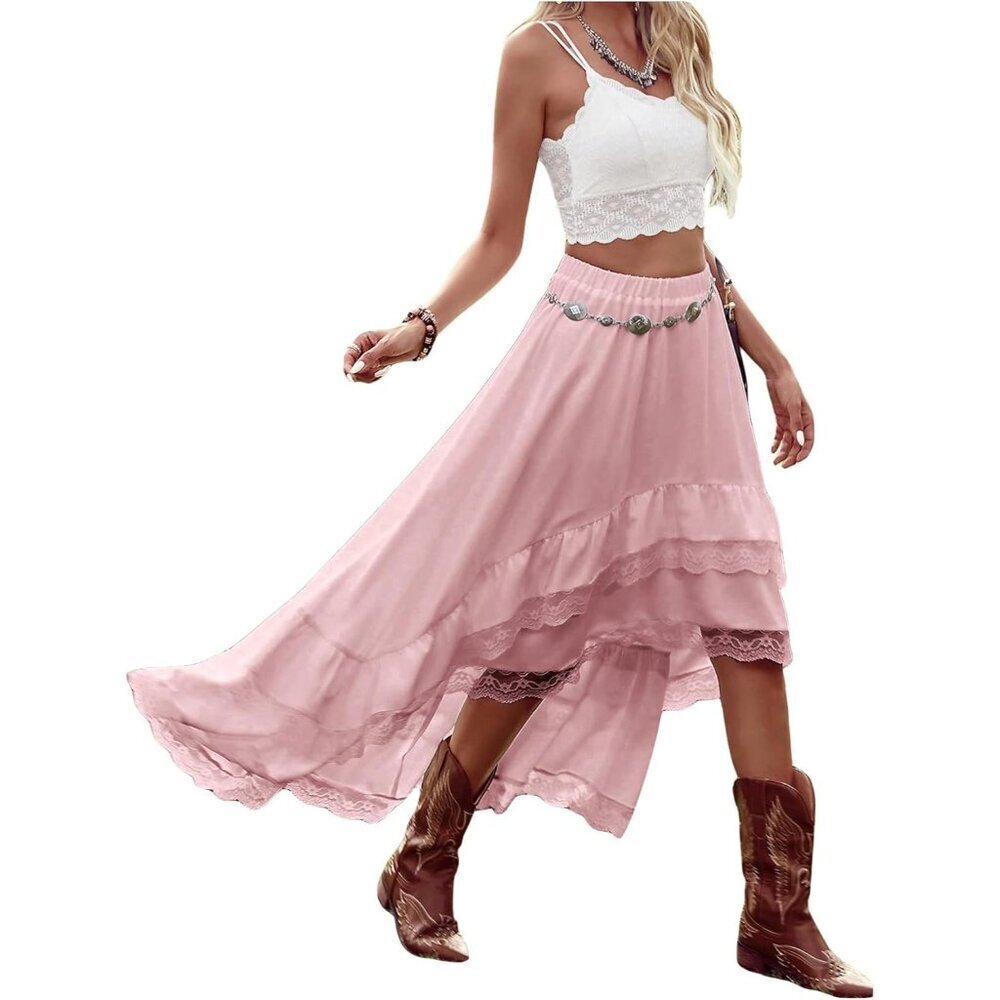 Women's Pink Western Boho Lace Ruffle Asymmetrical Country Cowgirl Skirts
